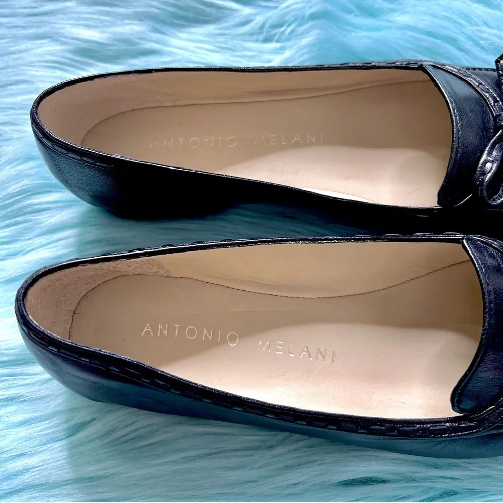 Antonio Melani 90s Black Soft LEATHER Loafers Slip On Bow Accent Women’s 7.5